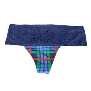 Aerie Womens Size Small Panty Thong Lace Waistband Blue Plaid New Without Tags